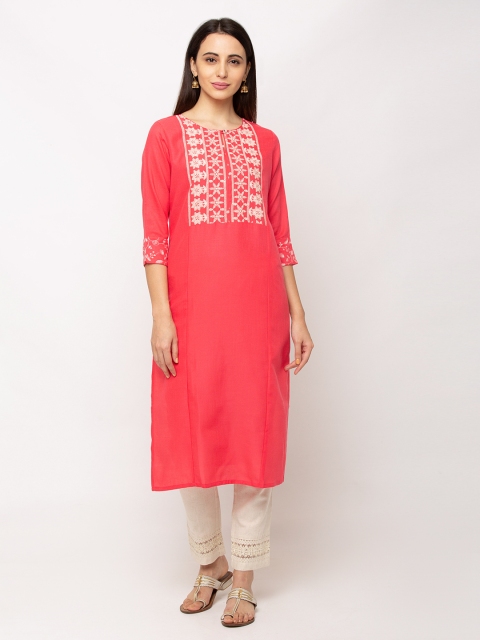 

TANKHI Women Coral Pink & White Embroidered Straight Kurta