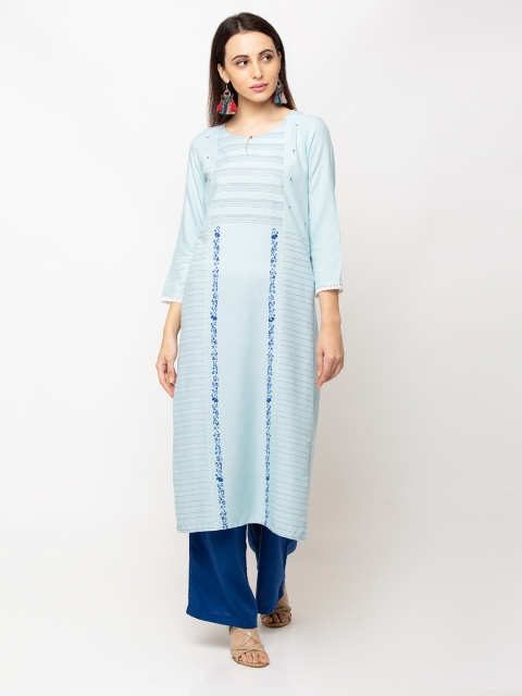 

TANKHI Women Blue Floral Print Straight Kurta