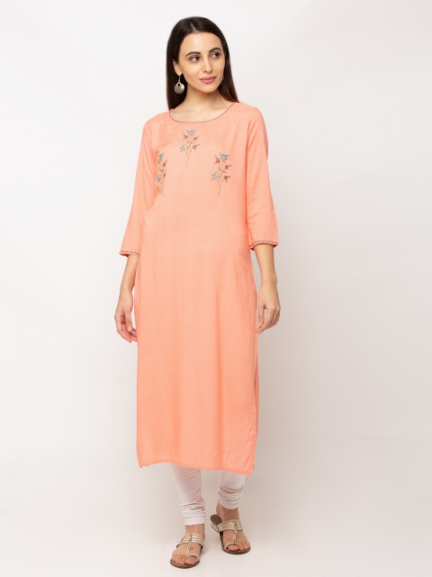 

TANKHI Women Peach-Coloured Floral Embroidered Straight Kurta