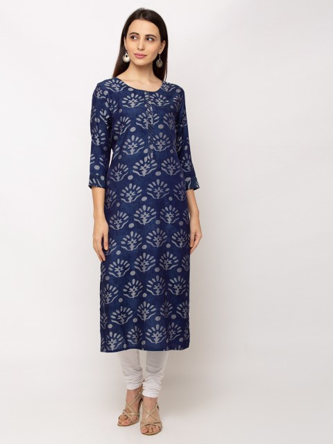

TANKHI Women Navy Blue & White Printed Cotton Silk Straight Kurta