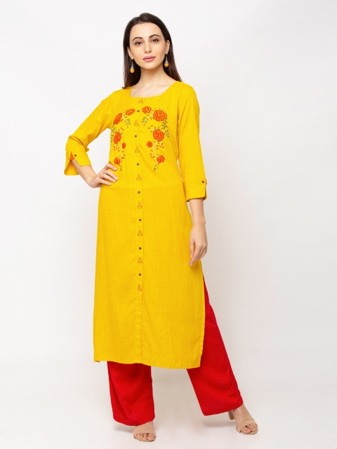 

TANKHI Women Yellow Floral Embroidered Straight Kurta