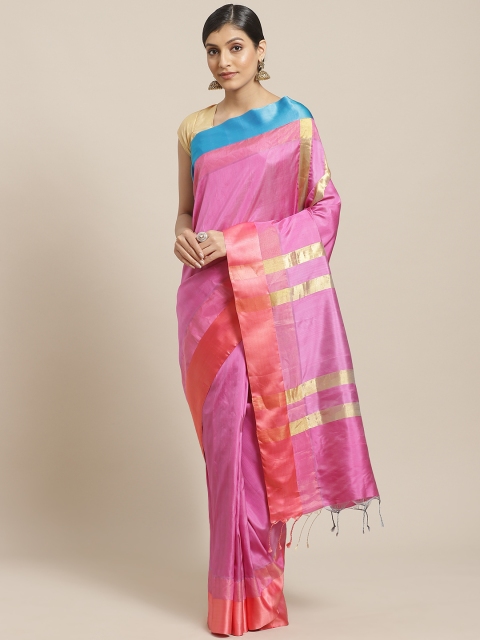 

Biswa Bangla Pink & Blue Handwoven Silk Solid Garad Saree