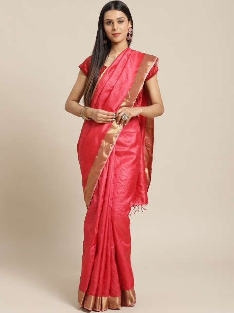 

Biswa Bangla Pink & Golden Tussar Silk Handwoven Solid Saree, Red