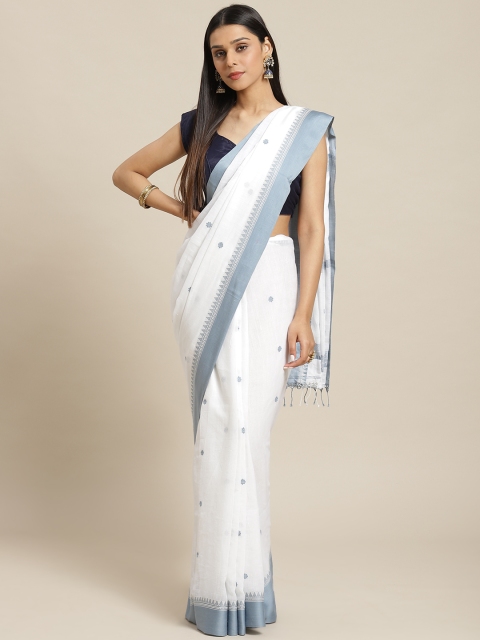 

Biswa Bangla White & Grey Pure Cotton Printed Khadi Saree