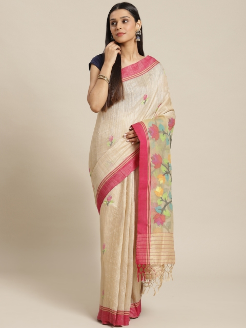 

Biswa Bangla Beige & Pink Pure Silk Printed Jamdani Saree