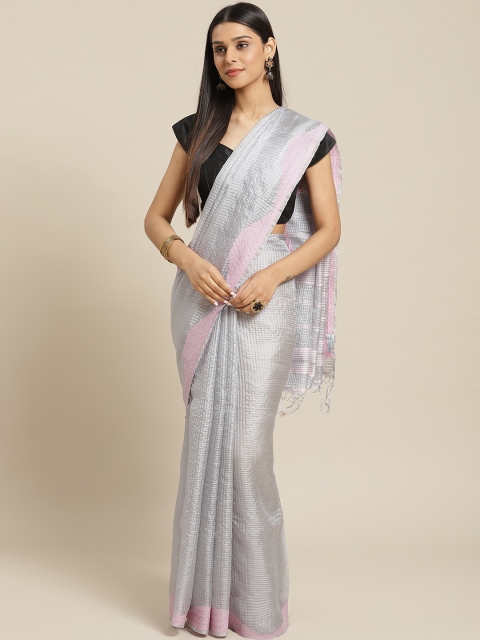 

Biswa Bangla Grey & Pink Pure Silk Checked Saree