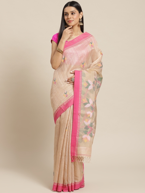 

Biswa Bangla Beige & Pink Pure Silk Woven Design Jamdani Saree