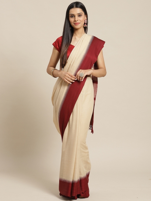 

Biswa Bangla Beige & Maroon Pure Cotton Handwoven Solid Saree