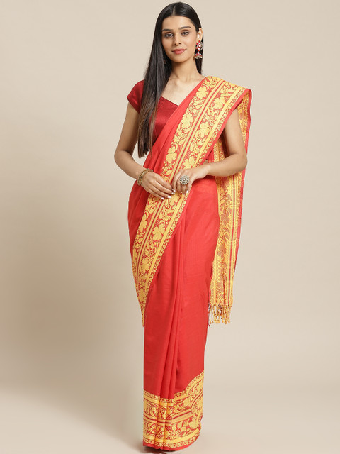 

Biswa Bangla Red & Yellow Pure Cotton Handwoven Solid Saree