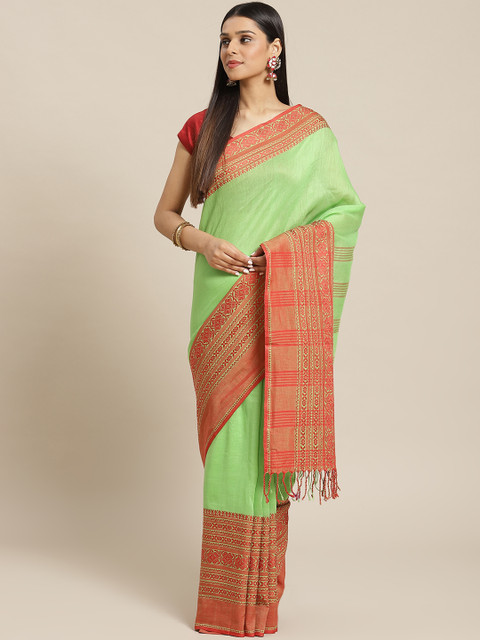 

Biswa Bangla Green & Red Pure Cotton Handwoven Solid Saree