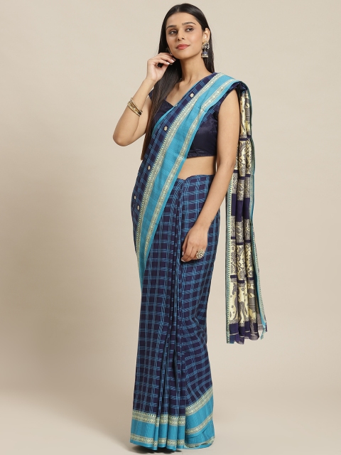 

Biswa Bangla Blue Pure Cotton Checked Khadi Saree