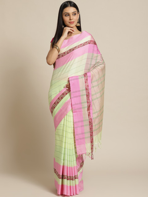 

Biswa Bangla Lime Green & Pink Checked Handwoven Saree