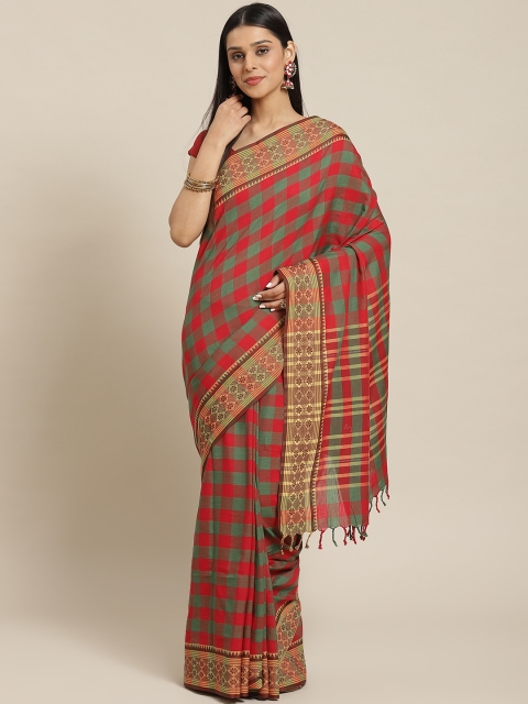 

Biswa Bangla Red & Green Pure Cotton Checked Handwoven Saree