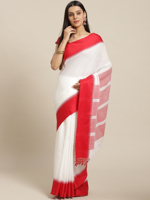 

Biswa Bangla Off-White & Red Pure Cotton Handwoven Solid Saree