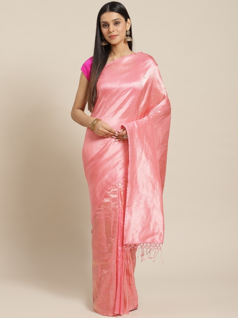 

Biswa Bangla Pink & Golden Silk Handwoven Striped Saree