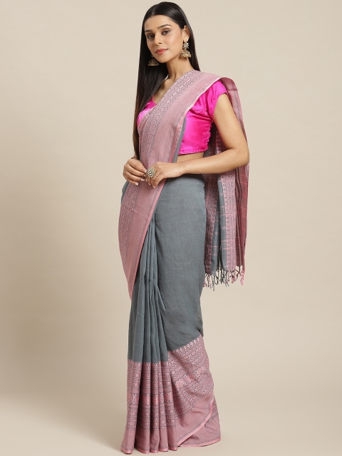 

Biswa Bangla Grey & Pink Handwoven Solid Saree