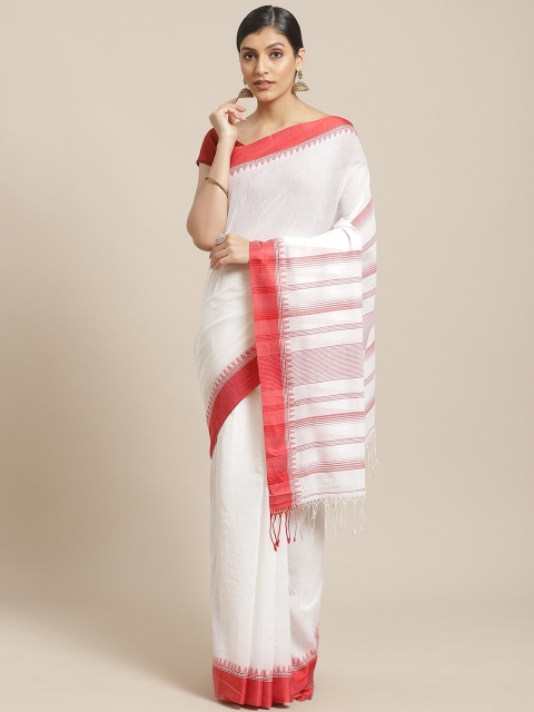 

Biswa Bangla White & Red Cotton Solid Handwoven Handspun Khadi Saree