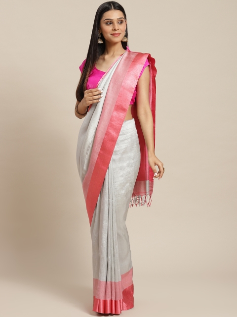 

Biswa Bangla Silver & Pink Silk Handwoven Solid Saree