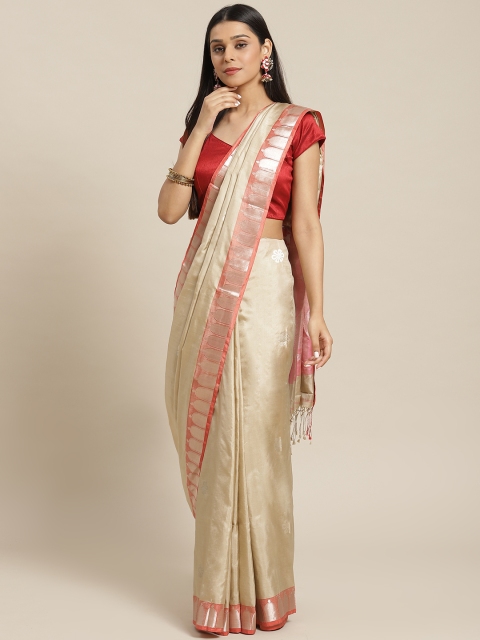 

Biswa Bangla Beige & Silver Handwoven Pure Silk Woven Design Saree