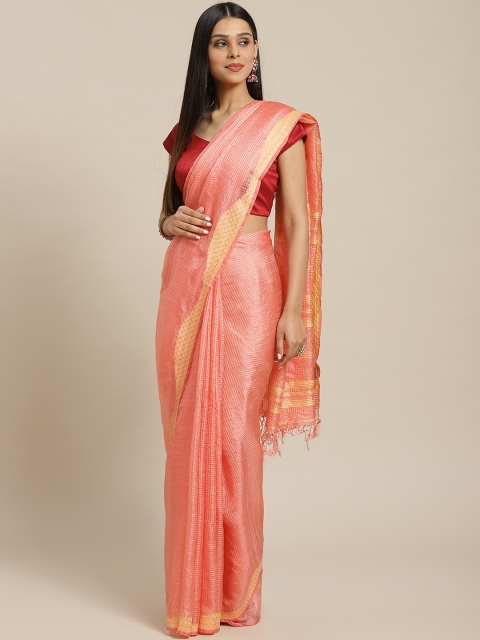 

Biswa Bangla Peach-Coloured & Yellow Silk Checked Handwoven Jamdani Saree