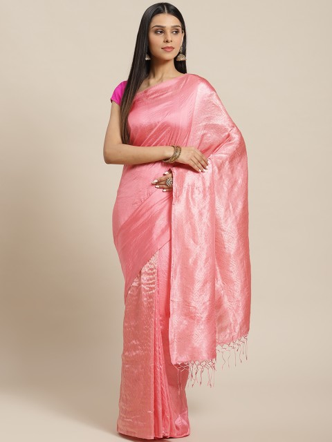

Biswa Bangla Pink & Golden Handwoven Zari Pure Silk Striped Saree