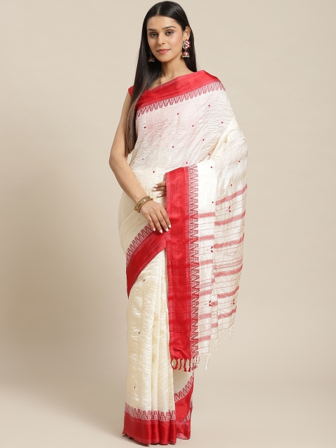 

Biswa Bangla Off-White & Red Silk Handwoven Woven Design Saree