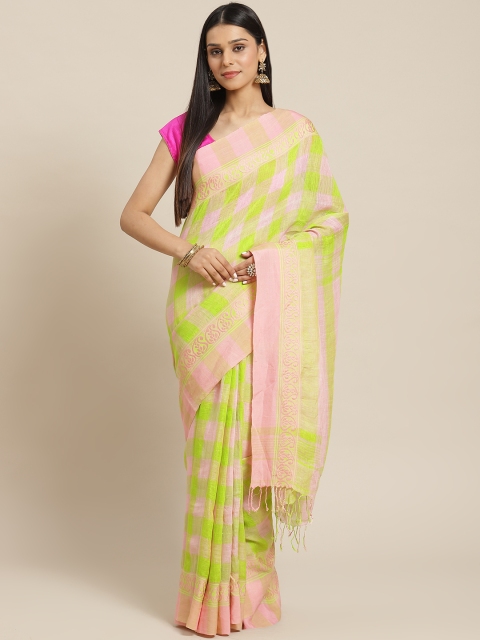 

Biswa Bangla Green & Pink Handwoven Checked Linen Saree