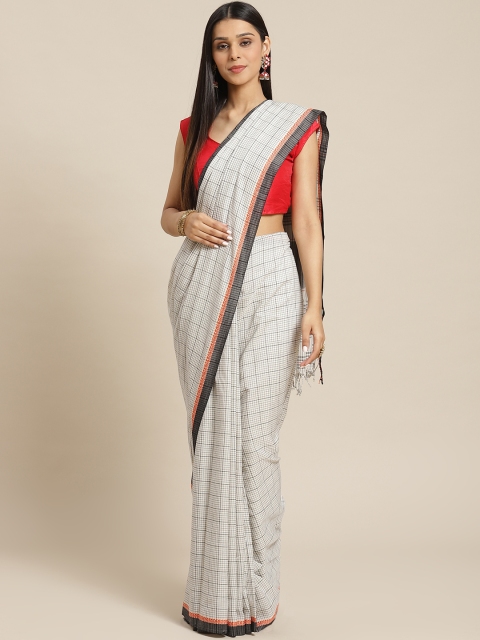 

Biswa Bangla Off-White & Black Cotton Handwoven Checked Santipuri Saree