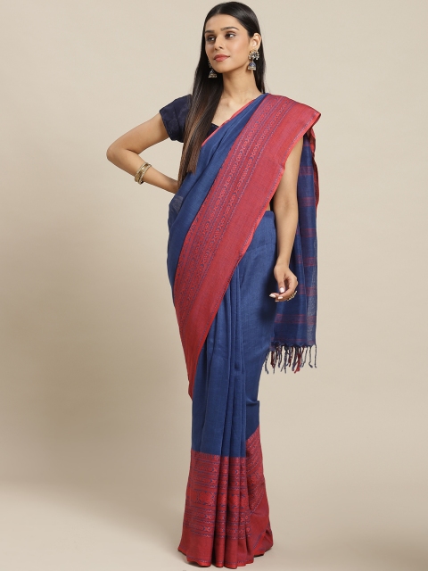 

Biswa Bangla Blue & Red Handwoven Santipuri Solid Saree
