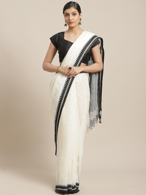 

Biswa Bangla White & Black Solid Handwoven Pure Linen Saree
