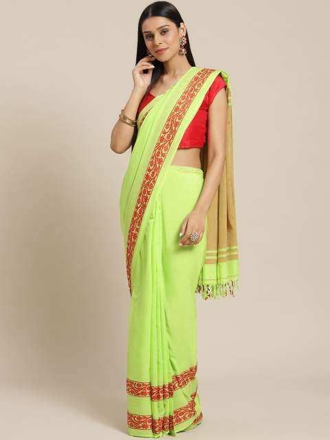 

Biswa Bangla Lime Green & Red Handwoven Cotton Solid Saree