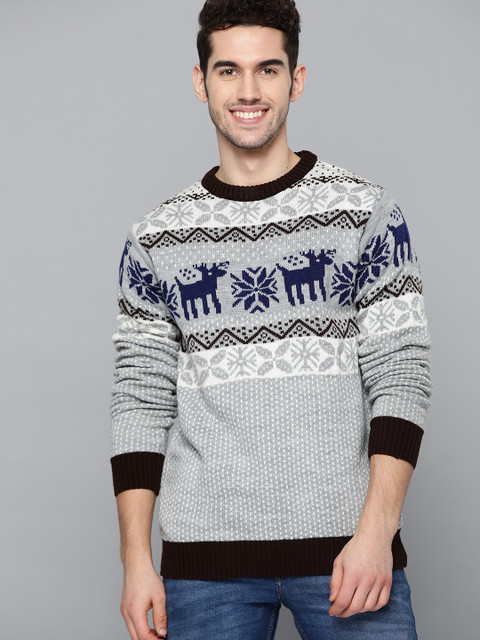 

Mast & Harbour Men Grey Melange & White Fair Isle Pullover Sweater
