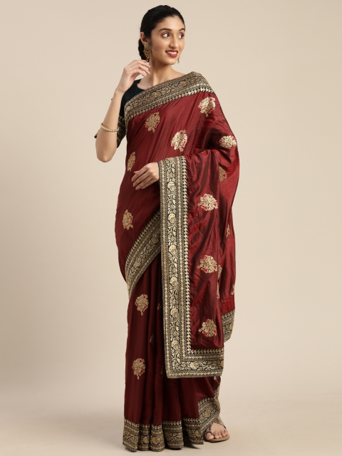 

Om Shantam Sarees Maroon & Gold-Toned Poly Crepe Embroidered Saree