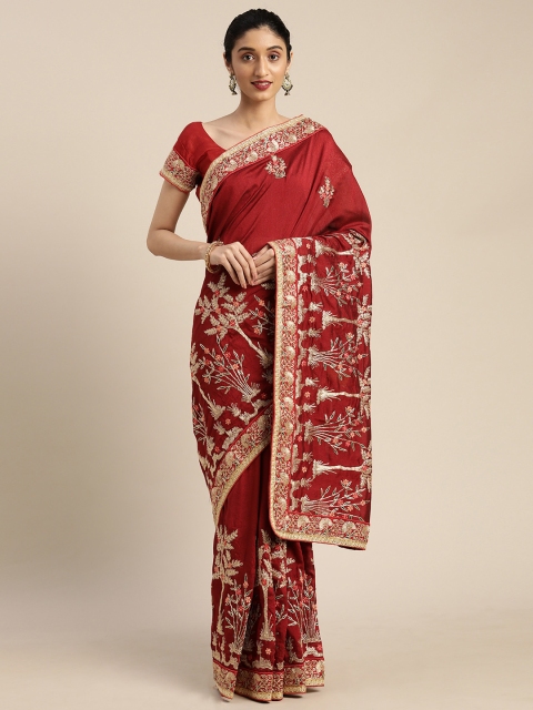 

Om Shantam Sarees Maroon Embroidered Silk Blend Saree
