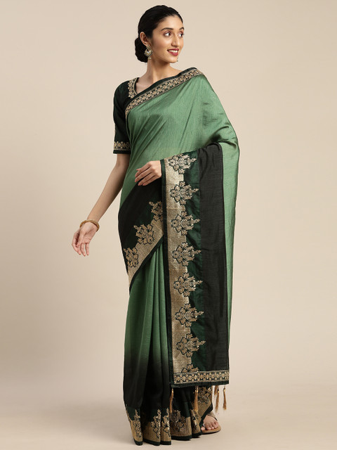 

Om Shantam Sarees Green & Black Poly Crepe Solid Saree