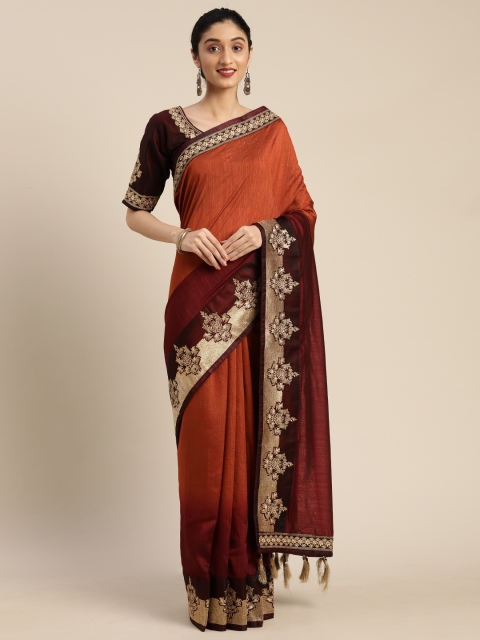 

Om Shantam Sarees Rust Orange & Maroon Poly Crepe Ombre Saree with Embroidered Border