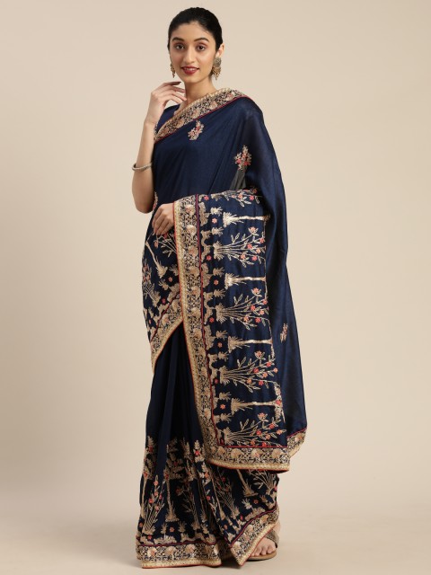 

Om Shantam Sarees Navy Blue & Gold-Toned Silk Blend Embroidered Saree