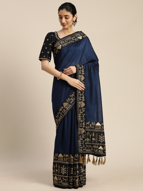 

Om Shantam Sarees Navy Blue Solid Poly Crepe Saree