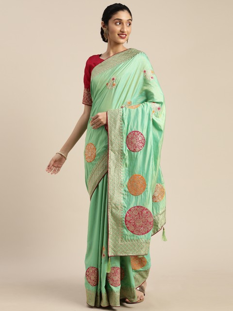 

Om Shantam Sarees Teal & Gold-Toned Silk Blend Embroidered Tussar Saree