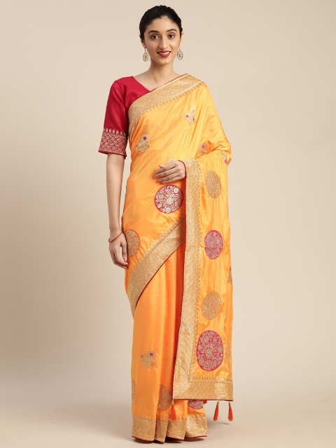 

Om Shantam Sarees Yellow & Gold-Toned Silk Blend Embroidered Tussar Saree