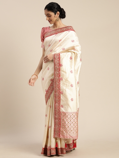 

Om Shantam Sarees Off-White & Pink Art Silk Woven Design Banarasi Saree