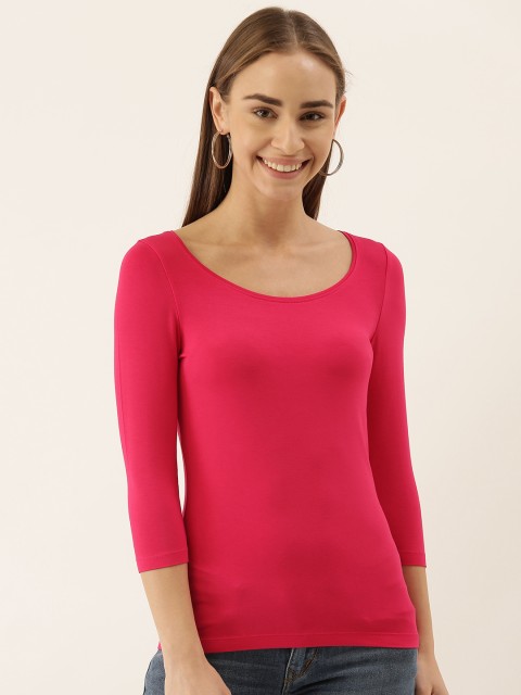 

zebu Women Pink Slim Fit Solid Round Neck T-shirt