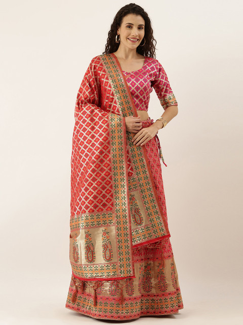 

Om Shantam Sarees Pink & Gold-Toned Woven Design Semi-Stitched Lehenga & Unstitched Blouse with Dupatta