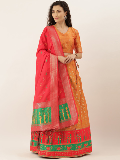 

Om Shantam Sarees Mustard & Red Woven Design Semi-Stitched Lehenga & Unstitched Blouse with Dupatta