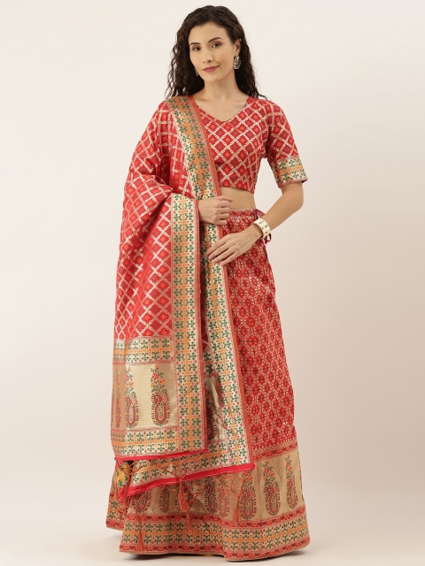 

Om Shantam Sarees Red & Gold-Toned Woven Design Semi-Stitched Lehenga & Unstitched Blouse with Dupatta