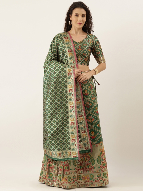 

Om Shantam Sarees Green & Red Semi-Stitched Lehenga & Unstitched Blouse with Dupatta
