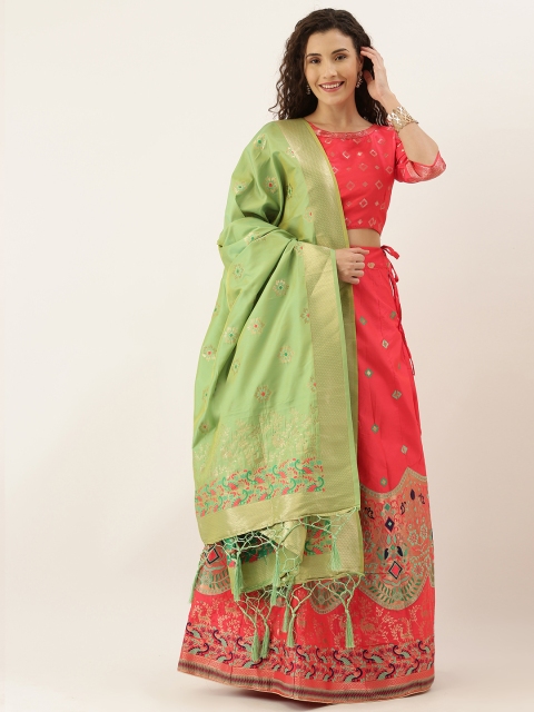 

Om Shantam Sarees Pink & Gold-Toned Semi-Stitched Lehenga & Unstitched Blouse with Dupatta
