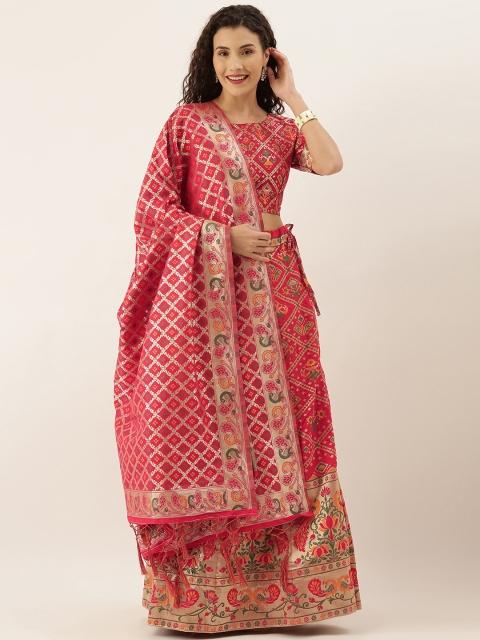 

Om Shantam Sarees Pink & Gold-Toned Semi-Stitched Lehenga & Unstitched Blouse with Dupatta