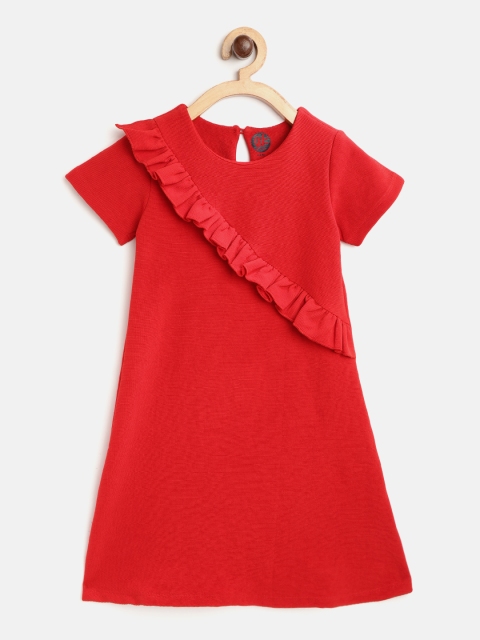 

YK Girls Red Solid Ruffled A-Line Dress