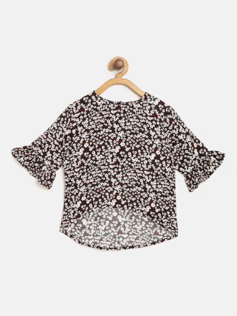 

YK Girls Black & White Floral Print High-Low Top